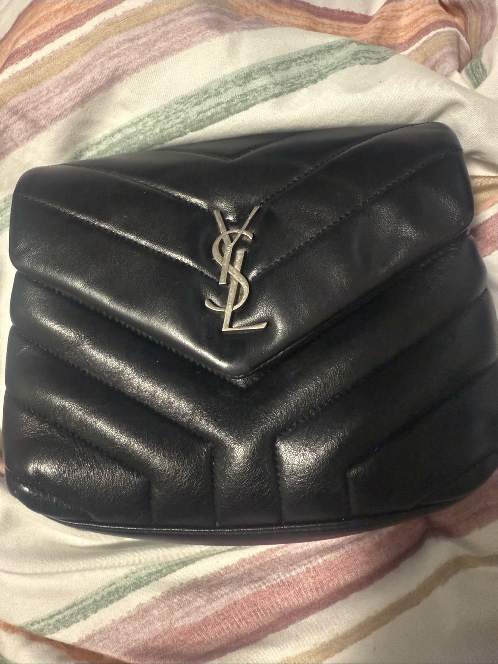 Saint Laurent Black Chevron Quilted Shoulder Bag with Silver YSL Hardware